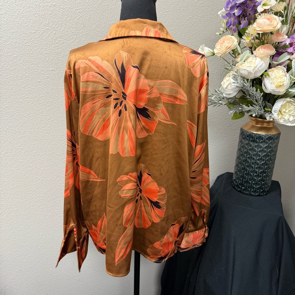 Worthington XL Satin Blouse Brown Orange Floral Button Down Long Sleeve Top - Picture 4 of 8